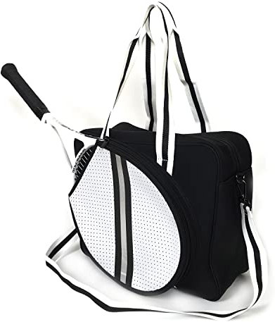 Tennis-Tasche, Tennis-Tragetasche, große Pickleball-Tragetasche mit Reißverschluss und Schultergurt für Badmintonschläger, Sporttasche für Damen und Herren (Schwarz/Weiß)