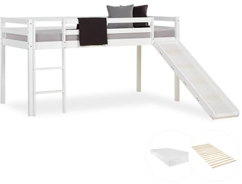 Homestyle4u Kinder Hochbett 90x200 Weiß - Bettgestell Kiefer Massivholz | Stabiles Jugendbett mit Leiter & Lattenrost - 90x200 cm Liegefläche - Erhöhter Schlafbereich für Jungen & Mädchen