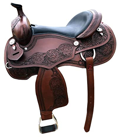 Silla de sillín de caballo Western Barrel Racing de piel de alta calidad, tamaño de 14 a 18 pulgadas, asiento disponible, para cabeza de piel a juego, cuello de pecho, riendas de Mahira Enterprises
