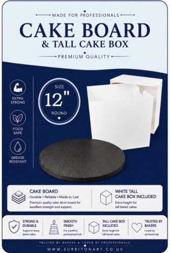 Art of cake® 12 inch Black Cake Drum (13mm Thick) and 12x12x12 inch White Tall Cake Box - Round Drum Cake Board