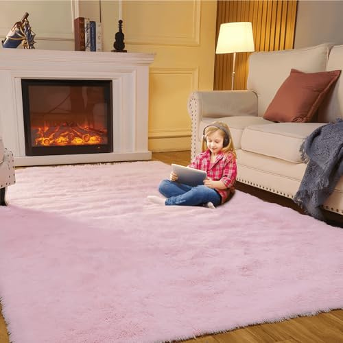 SUBEEN Hochflor Teppich Wohnzimmerteppich waschbar rutschfest extra groß Schlafzimmer Teppich moderner Stil geeignet für Schlafzimmer und Kinderzimmer (Rosa, 120x160cm)