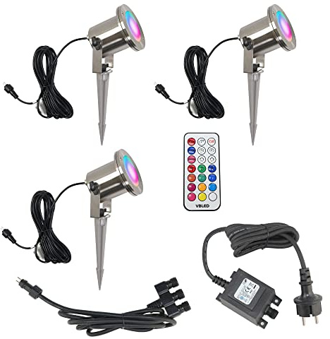 VBLED 3er Set LED-Teichstrahler/Gartenteich Licht 12V, aus Edelstahl IP68 mit RGBW MR16 Leuchtmittel und Trafo