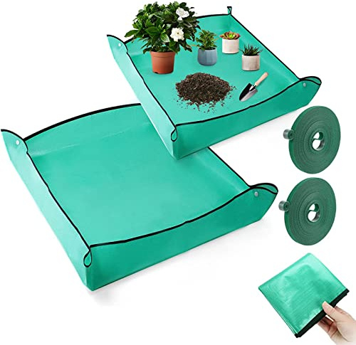 Mis.Moon 2 Pcs Tapis de Jardinage, 100 x 100cm Tapis de Rempotage Imperméable en PE avec 2 Ceinture végétale 10m x 10mm, Toile de Travail pour Le Repiquage de Plantes