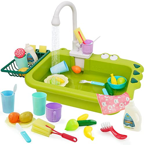 Kitchen Sink Toys with Running Water 23Pcs Playing Dishwasher with Automatic Water Cycle System Prentend Playset for 3 4 5 6 7 8 year old