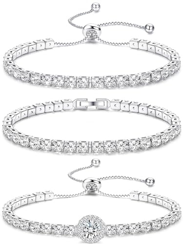 JeweBella 3PCS Bracelet Tennis Argent pour Femmes Filles Bracelet Zircon Réglable Cristal Bracelets Tennis Classiques Ensemble de Bracelet Diamant Bijoux Cadeau pour Petite Amie, Mère, Femme, Amie