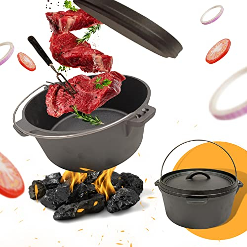 Schauer Dutch Oven mit Deckel in Schwarz 5 Liter und 7,5 Liter | Gusseisen Topf ohne Füße bereits eingebrannt | Schmortopf Feuertopf Gusseisen für Küche Camping Garten BBQ Backen Gasgrill (7,5 Liter)