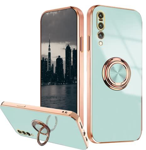 Compatible with Huawei P20 Pro Case Shockproof, Phone Case for Huawei P20 Pro with Stand Plating Rose Gold Edge Cases Soft Protective Case with Ring (Light Cyan)