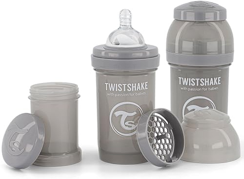 Twistshake 2x Anti-Kolik Babyflasche mit Milchpulverbehälter und Mixer - 180 ml | Langsam fließende, brustähnliche Brustwarze aus Silikon | BPA-freie | Geeignet für Neugeborene (0+) | Grau