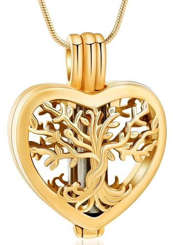 VCCWYQK Collier avec pendentif urne en forme d'arbre de vie pour cendres en forme de cœur, bijou de crémation, souvenir commémoratif, bijou pour femmes et hommes, 0.86*0.86inch, Acier inoxydable, Pas