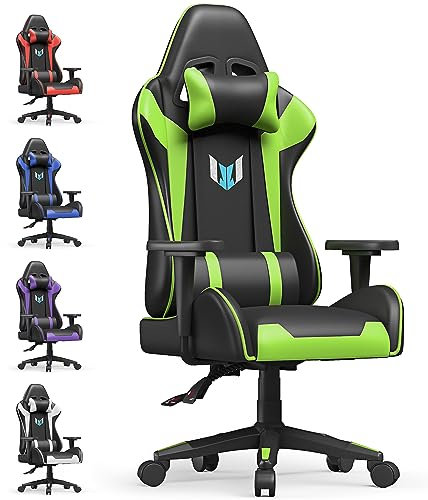 bigzzia Gaming Chair Office Chair,155 Degree PU Leather Ergonomic Office Chair with Lumbar Cushion&Headrest&Fixed Armrest,Gaming Chair Gaming Seat Adult Young Boy Girl (without Footrest, Green)