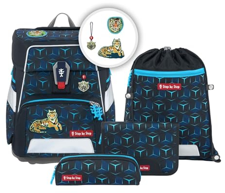 Step by Step Schulranzen-Set Space Shine „Tiger Night Kimba“ 5-teilig, ergonomischer Tornister mit Reflektoren, höhenverstellbar mit Hüftgurt, Grundschule, 1. Klasse, 20L, blau-schwarz