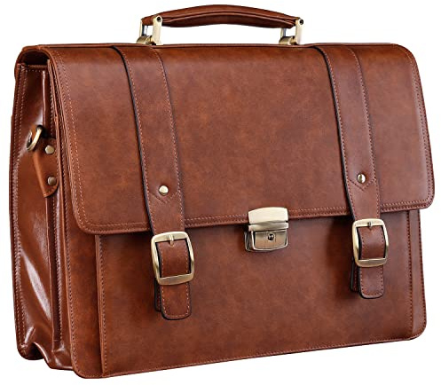 Banuce Leather Briefcase for Men Lawyer Briefcase Fits 15.6 inch Laptop with Anti-Theft Lock Detachable and Adjustable Strap Vintage Brown