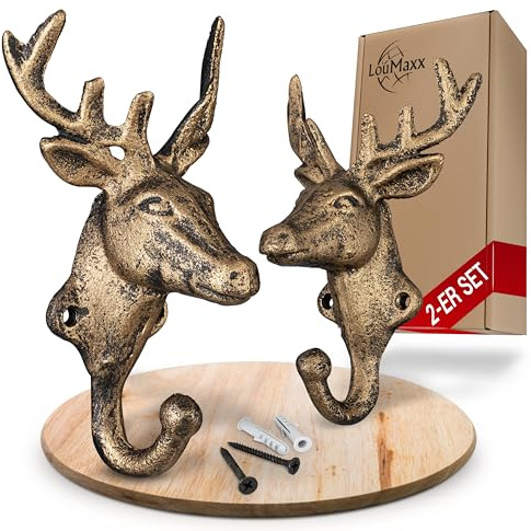 LouMaxx Kleiderhaken Hirsch - 2er Set Garderobenhaken in Gold – rustikaler Hirsch Design – dekorativer Wandhaken – Hirschkopf inkl. Schrauben