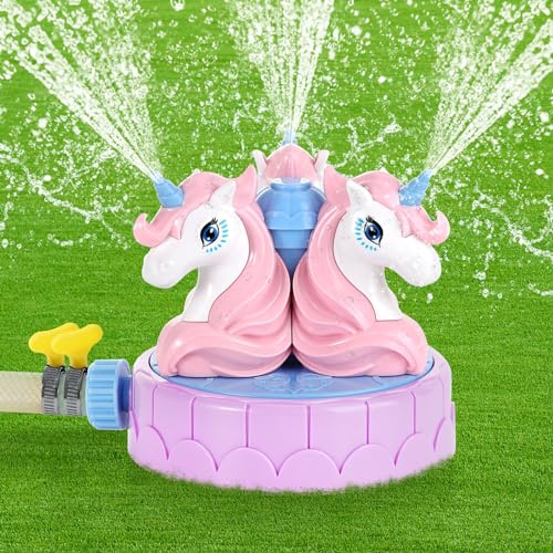 MoKo Einhorn Wassersprinkler für Kinder, Niedliches Outdoor Wasserspielzeug, Schwimmbad Spielzeug mit 2 Schlauchklemmen & 3 Düsen, Sommer Wasserspielzeug für Rasen Garten Jungen Mädchen, Pink