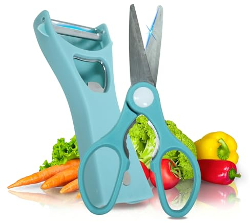 Tijeras cocina acero inoxidable con pelador incorporado multifunción, tijeras mutantes funda protectora, abridor botellas, imán para tener a mano, su funda permite guardar de pie.