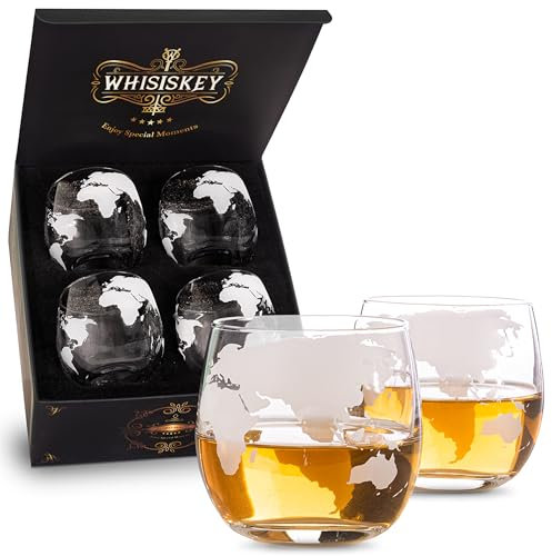 Whisiskey Set de Vasos de Whisky - Set de Regalo de Whisky - Vaso Whisky - Regalos Originales para Hombres - Caja de Regalo, 4 Vasos de Whiskey x 285ML