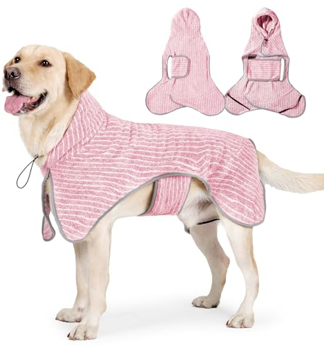 Großer Hunde-Bademantel, gestreift, mit Kapuze, Hundemantel, Handtuch, Bademantel, Handtuch, Bademantel, Mikrofaser, schnell trocknend, saugfähig, Kapuzenbadetuch für mittelgroße und große Hunde,