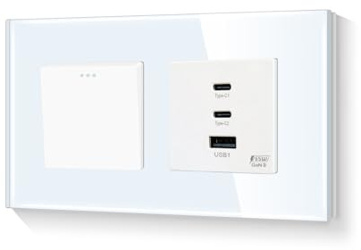 LIAONFOY Single 1-Way Light Switch with Super Fast Charging Three Ports Wall Socket Type C and USB Combination Charging Ports Glass Frame White 157 mm 100-240 V (Neutral Line Required)