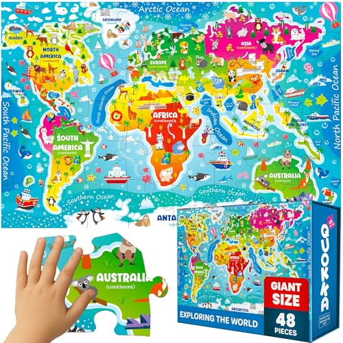 QUOKKA Giant Floor Puzzle För Åldrarna 3, 4, 5 Och Uppåt – 48-Delade Pusselspel För Åldrarna 5, 6 Och Uppåt – 60x90 Cm Stor Leksak – XXL Pedagogisk Världskarta Present För Pojkar Och Flickor