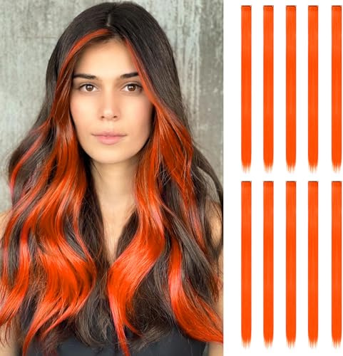 10 Stück Haarsträhnen zum Einklipsen | 55 cm Farbige Clip in Extensions | Langes glattes Bunte Haarsträhnen Kinder | Haarschmuck Mädchen (Orange-Rot)