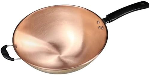 ASumPio Wok, Pentola Manuale in Rame per Friggere, Fondo Tondo, Manico Lungo, Padella per Zuppa, Pentola per Cucina A Gas Senza Fumo, Pentola A Induzione,