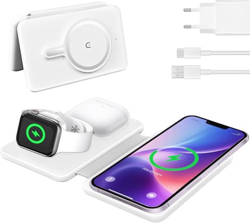 Stazione di Ricarica Apple,Portatile Caricatore Wireless iPhone 3 in 1 Base Ricarica iPhone, wireless charger Magnetico per iPhone 17 16 15 14 13 12 Serie,Apple Watch 11-2, Air-Pods 4 3 2 Pro Soslina