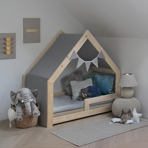 Need Sleep Hausbett Himmel mit Wimpelkette für Bett 80x160 cm - 100% Baumwolle Betthimmel Mädchen Junge- Himmelbett Vorhang für Kinderbett - Baldachin Kinderzimmer Deko Grau (375 cm x 80 cm)