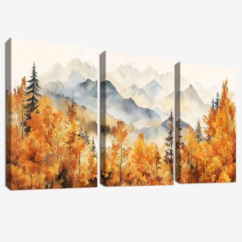 3 Pcs Wooden Framed Canvas Wall Art Canvas Prints Watercolor Autumn Mountain Forest Painting Orange Misty Forest Landscape Pictures for Living Room Bedroom Bathroom Home Wall Decor 30x40 cm x3pcs