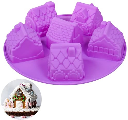 Holzsammlung 6 Cavity House Shaped Silicone Cake Mould, ​Reusable Cake Pan, Non-Stick Cake Tin, Versatile Christmas Baking Trays to Create Fun-Shaped Chocolate, Jelly, Candy, Cakes and More - 26x6 cm