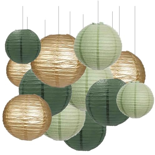 GAKA FAVOR 12Pcs Sage Green and Gold Paper Lanterns Set, Hanging Paper Lanterns Decoration, Paper Decoration for Wedding, Christening,Communion, Birthday Party