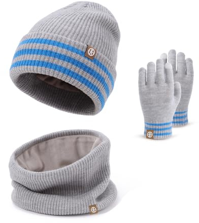 Baynetin Set Invierno 3en1 Infantil | Gorro Térmico + Cuello Polar & Manoplas Táctiles (4-10 años) - Forro Polar Elástico para Esquí/Nieve Regalo Infantil Conjunto de Invierno para Niños (Gris)