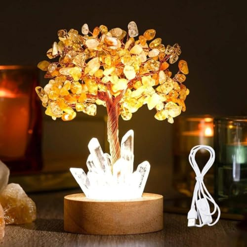 Golden Lamp of Wealth - Citrine Tree, Wealth Lamp Natural Crystal, Citrine Gemstone Money Trees, Feng Shui Bonsai, USB Plug Tree Night Light with Wooden Base, Healing Trees Nightlight for Living Room