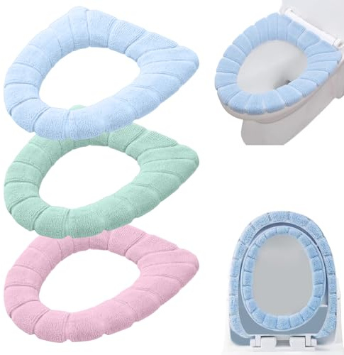 Toilet Seat Covers, 3PCS Soft Thicker Warmer Toilet Seat Cover Set, Winter Toilet Covers, Bathroom Plush Toilet Cushion Seat Cover, Washable Easy Installation General Toilet Cover, Pink Green Blue