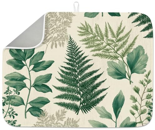 INFUNLY Tropical Plants Dish Drying Mat for Kitchen Fern Leaves Vintage Dish Drainer Mats Absorbent Microfiber Green Botanic Dishes Drying Pad 18x24 Inches Washable for Countertop Coffee Bar