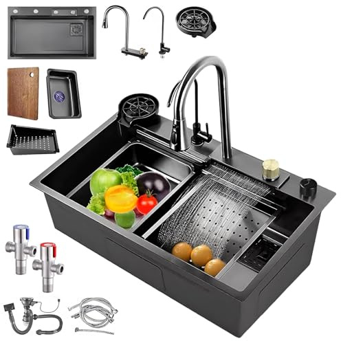 Fregadero de cocina de acero inoxidable, moderno, multifuncional, cascada, con grifo extraíble y otros accesorios, juego de fregadero para el trabajo (68 x 45 cm)