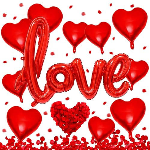 Valentinstag Romantisch Dekoration Set,18 Herz Folienballon Rot,2 18 Zoll Herz Helium Luftballons,Groß LOVE Folienballon,500 Rosenblätter Rot,für Geburtstag Jubiläum Karneval Valentinstag Party Deko