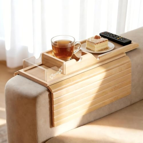 Ancaedhl Bamboo Sofa Arm Tray, 2-in-1 Foldable Armchair Tray with Built-in Cup Holder - Anti-Slip Couch Armrest Tray for Living Room, Detachable Tray & Pad for Drinks, Snacks, Phone, TV Remote