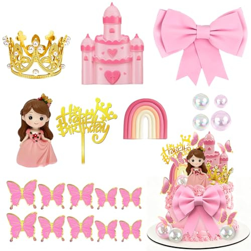 Tazuxetuqe Prinzessin Figurines de Gâteaux Château Décor avec Rubans Papillons Boules Arc-en-ciel pour Thèmes de Princesse