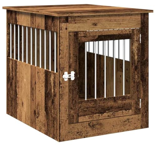 Tmriohed Hundebox Möbelstück, Hundekäfig mit Ablage als Beistelltisch, Stabile Hundehütte für Wohnzimmer, Altholz-Optik, Metallgitter, Abschließbare Tür, 64,5x80x71 cm