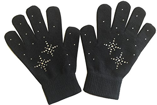 Fashion Every Day Sparkly Figure Skating Gloves for Girls – Rhinestone Ice Skating Gloves Kids Stretch Performance Gloves (Black/Clear, one size)