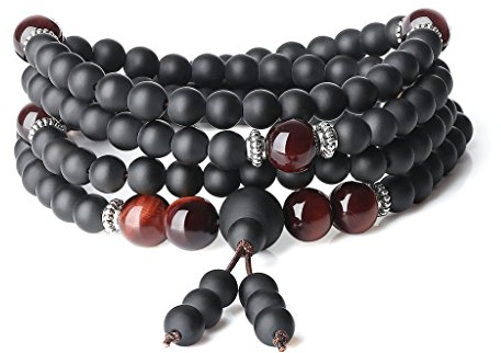 COAI 108 Mala Perlenkette aus Matter Onyx und Rotes Tigerauge Edelstein Wickelarmband