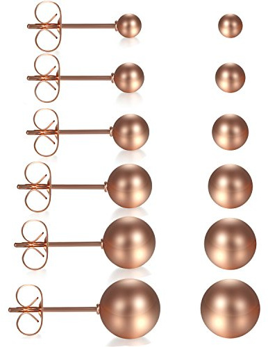 Flongo 12 Stück Perlen Ohrringe 3~8mm Edelstahl Gestüt Stecker Ohrringe Ohrstecker Perlenohrringe Stecker Rose Gold Kugel Perle Perlen Runde Kreis Circle Charm Elegant Damen Ohrschmuck Set