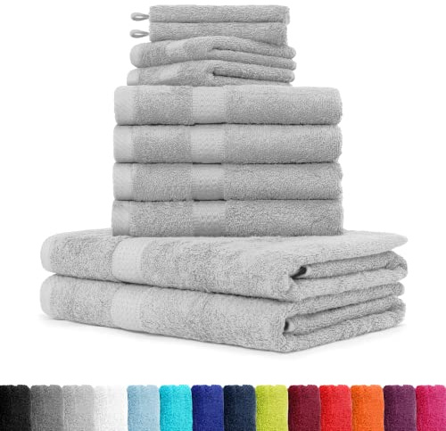 BaSaTex Frottee Handtuch Komplett Set, Silber | Öko-Tex Made in Green Zertifiziert, Se aus 4X Handtuch, 2X Duschtuch, 2X Gästetuch, 2x Waschhandschuh