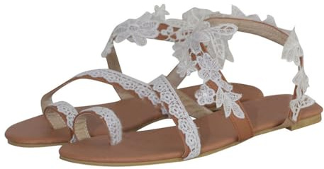 LUCKLY Sandales Plates d'été Femme Bohême Bout Ouvert en Sexy Dentelle Fleur Flip Flop Talon Basse Léger Pantoufles Chaussures Mules Tongs avec Boucle à L'orteil Elégant de Vacances Plage (Blanc 36