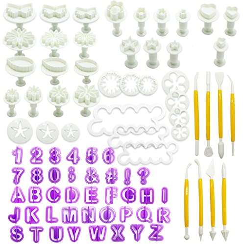Cortador Fondant 84 Piezas Herramientas para Decoración de Pasteles Tartas Fondant Azúcar con Letras Números Flores Rodillo Herramientas de Modelado de Fondant