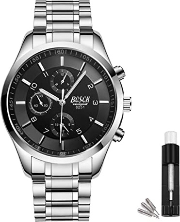 BOSCK Casual affärsklockor män (ingen kronograf), mode sport herr armbandsur med rostfritt stål, 30M vattentäta klockor kvarts herr klockor armbandsur för män silver svart
