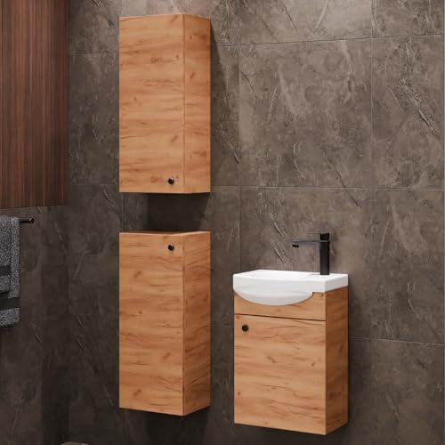 Planetmöbel Badmöbel Set Waschtisch mit Unterschrank | 40 x 60 x 29 cm, 2x Midischrank 32 x 75 x 23 cm für Badezimmer, Gäste WC & Bad, Gold Eiche