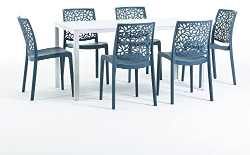 Set pranzo da giardino o esterno per 6 persone, tavolo in acciaio verniciato con doghe in polietilene effetto legno Bianco, 6 sedie in polipropilene con fibra di vetro Blu Petrolio - Thomas e Anna