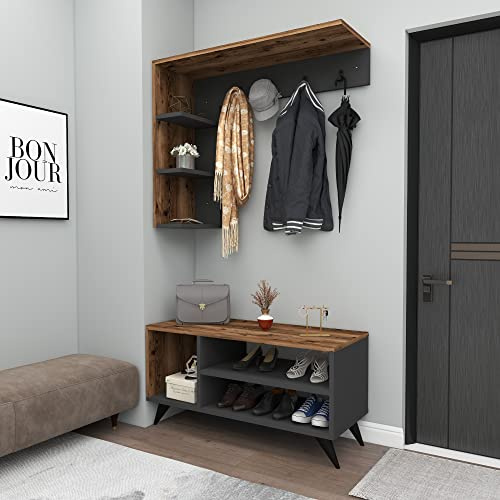 Coat Rack Shoe Storage, Adjustable Height, Hall Stand with 4 Hooks, 6 Shelves and Seat Bench, Entryway Hallway Storage Unit, H 200 cm x W 90 cm x D 29.6 cm-Cassia (Light Walnut & Anthracite)