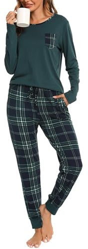 Sopesil Women Pyjama Sets Soft 2 Pieces Ladies Pyjamas Long Tops and Plaid Pants Pj's Set Loungewear with Drawstring Pockets B-Dark Green,M